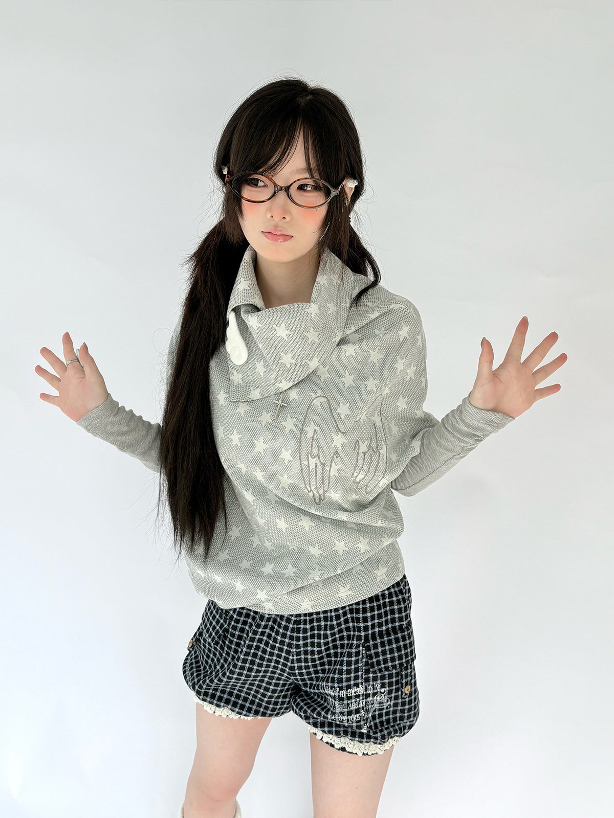 Asymmetric Star Drape Faux-Layer Long Sleeve Top