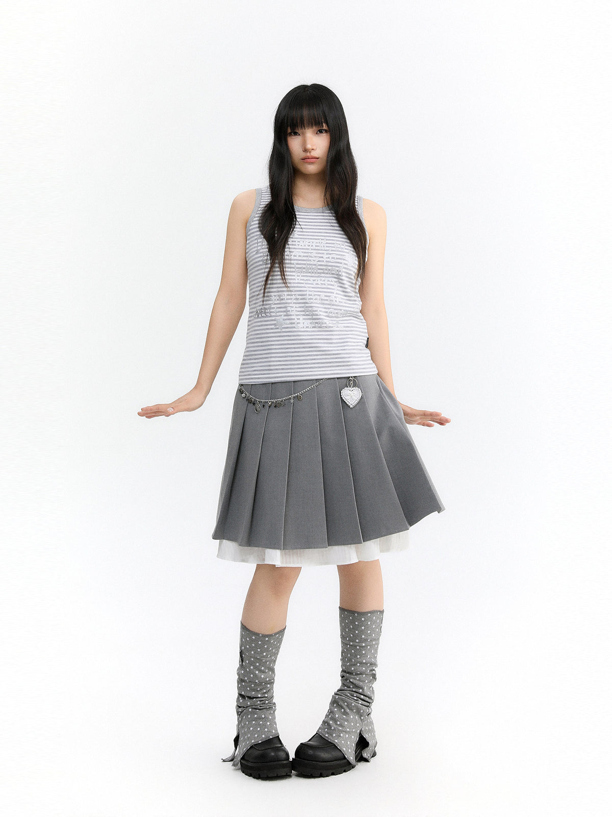 Layered Pleated Suit Midi Skirt
