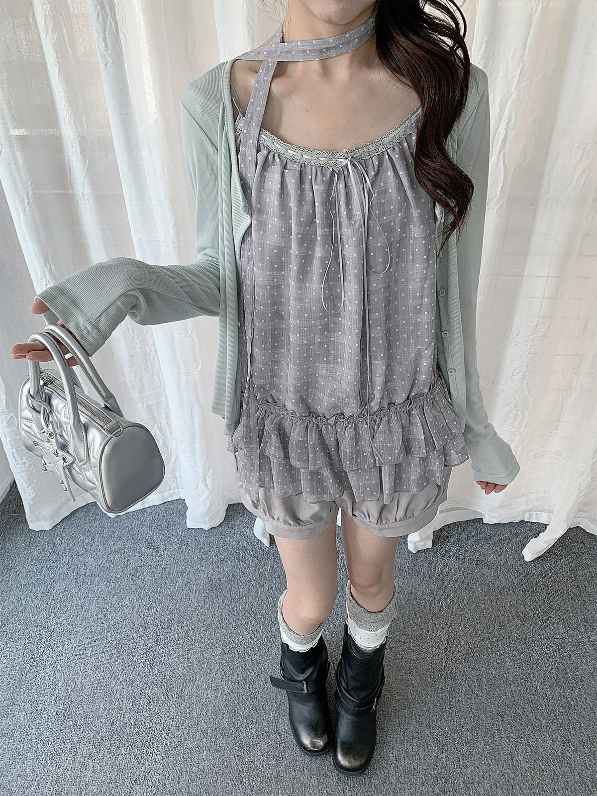 Polka Dot Lace Trim Cami & Cardigan Set