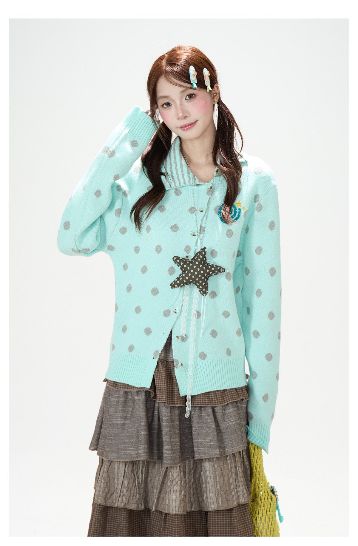 Polka-Dot Asymmetric Knit Cardigan & Tiered Midi Skirt