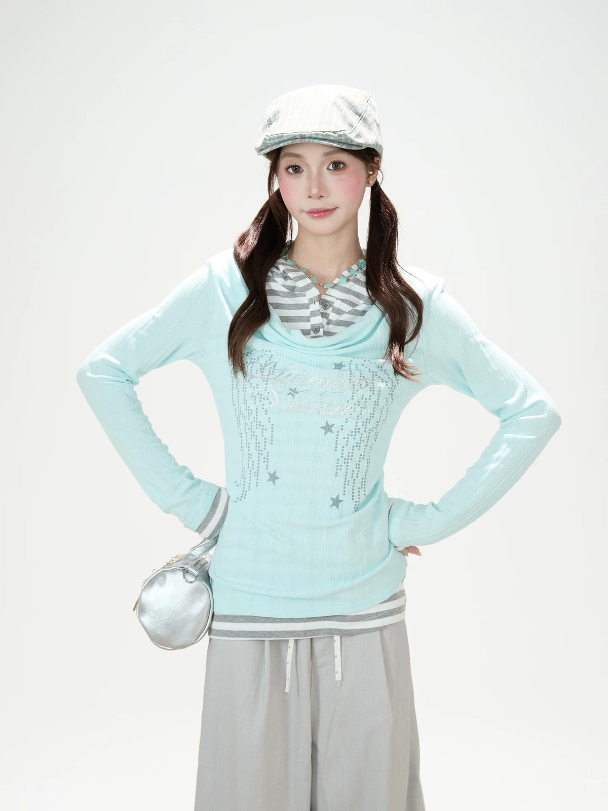 Angel Wing Graphic Hooded Stripe Layered Long Sleeve Top