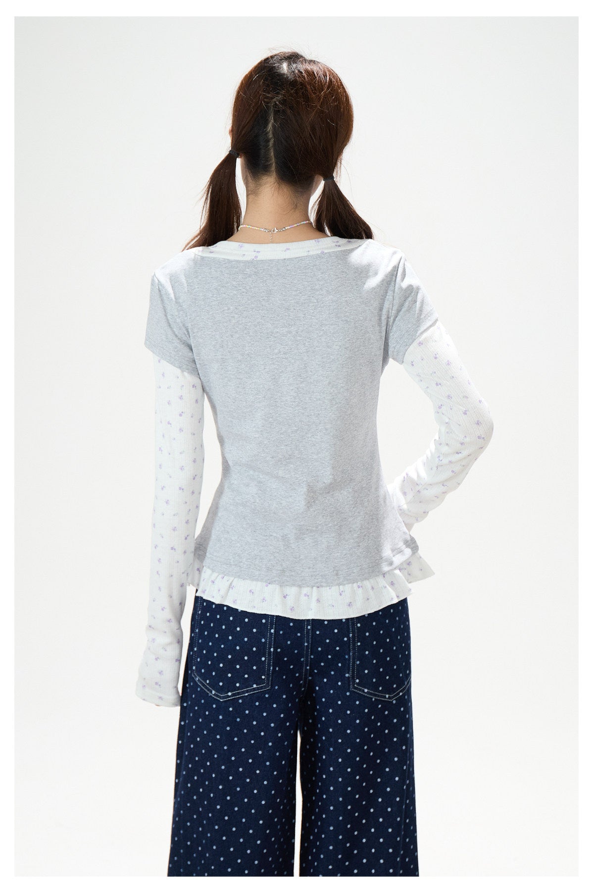 Floral Layered Long Sleeve Top & Navy Polka-Dot Wide-Leg Pants