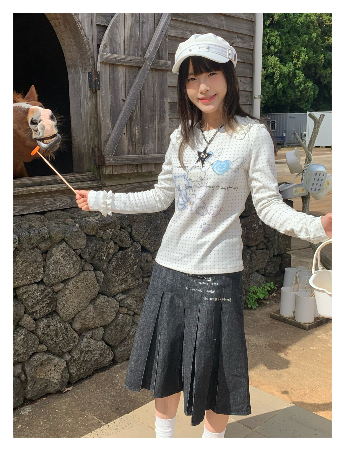 Cat Party Polka Dot Ruffle Long Sleeve Top