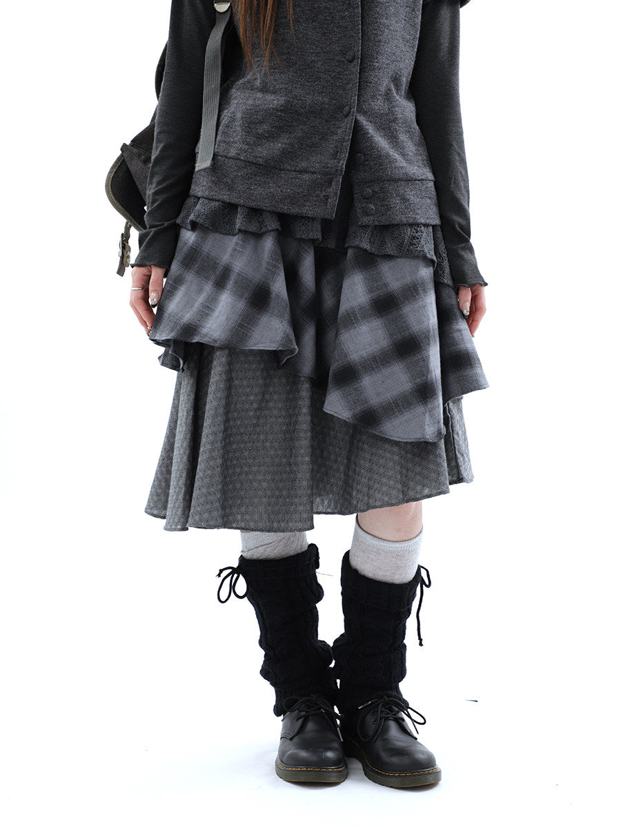 Asymmetric Plaid Layered Midi Skirt