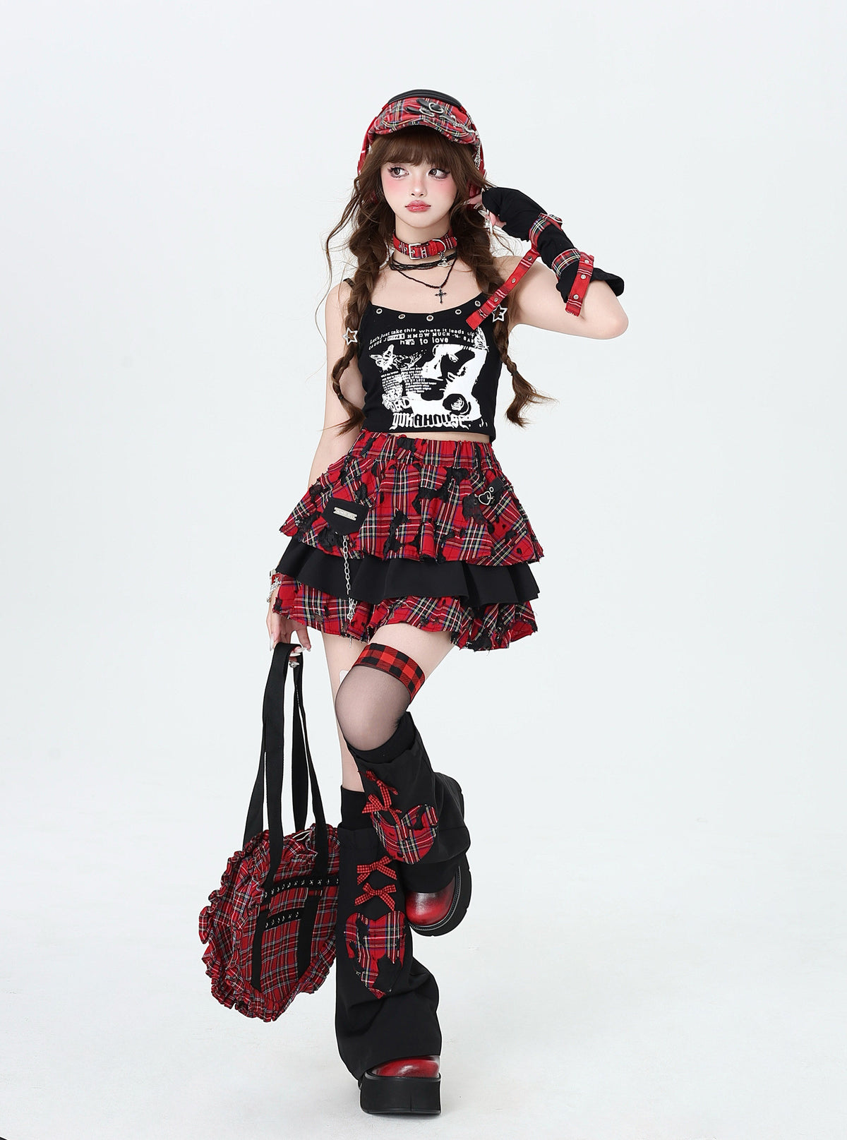 Distressed Plaid Tiered Skort with Matching Leg Warmers