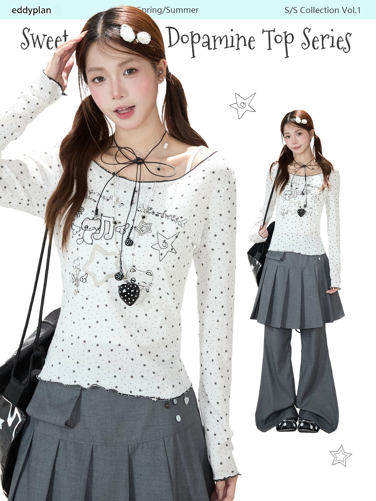 Star Cartoon Fitted Long Sleeve Top & Pleated Skirt-Layer Wide-Leg Pants