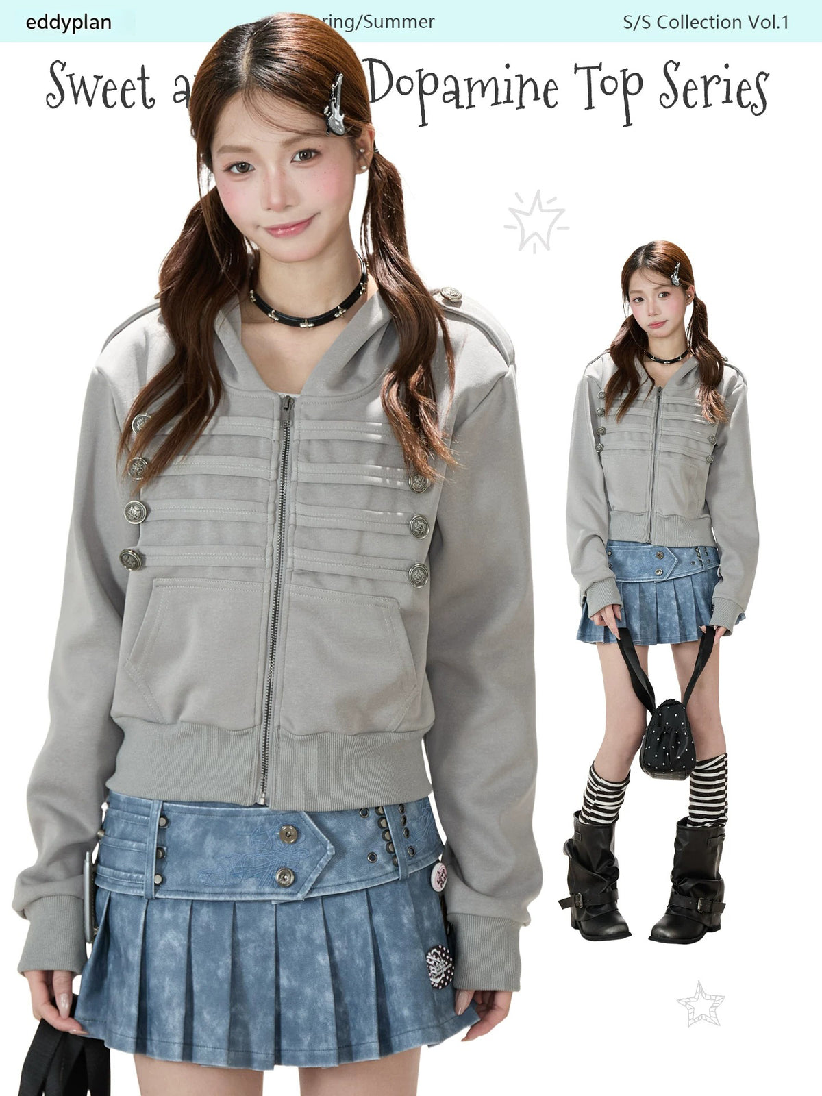 Utility Button Zip-Up Hoodie & Blue Pleated Mini Skirt