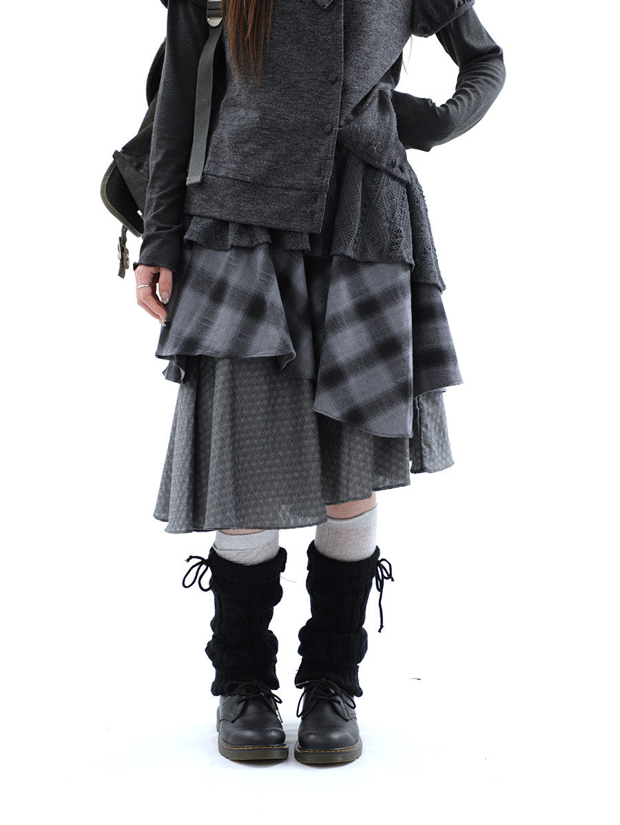 Asymmetric Plaid Layered Midi Skirt