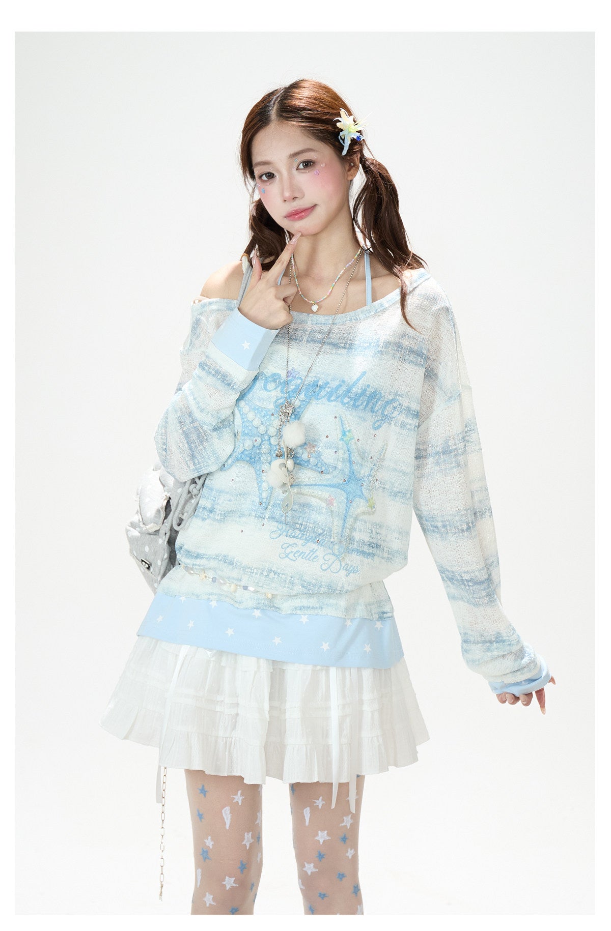 Summer Stripe Graphic Long Sleeve Top & Star Halter Cami