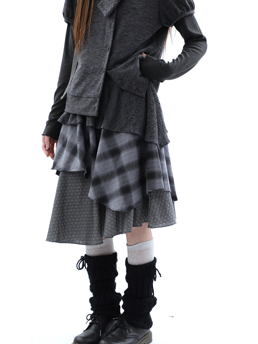 Asymmetric Plaid Layered Midi Skirt