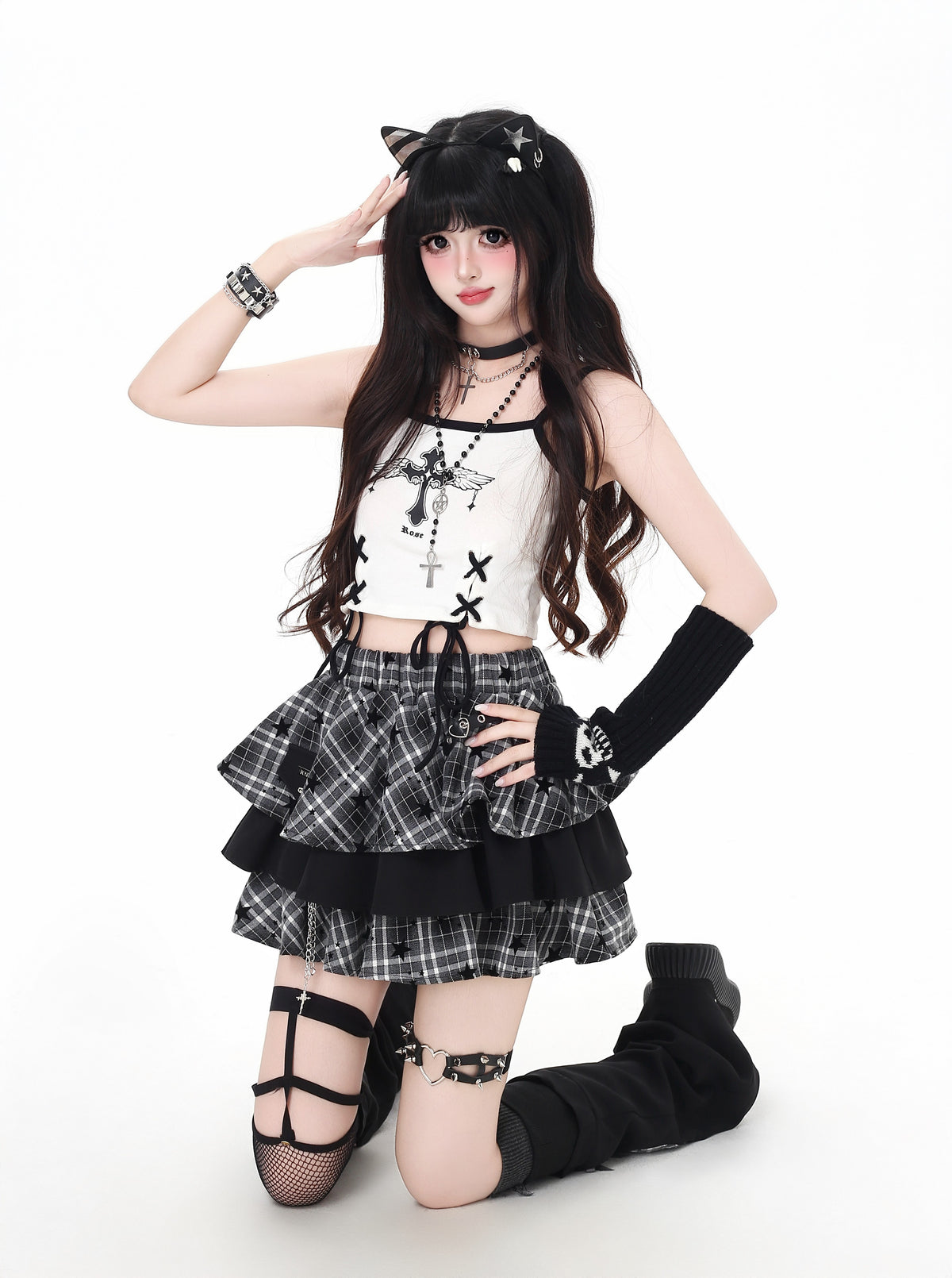 Distressed Plaid Tiered Skort with Matching Leg Warmers