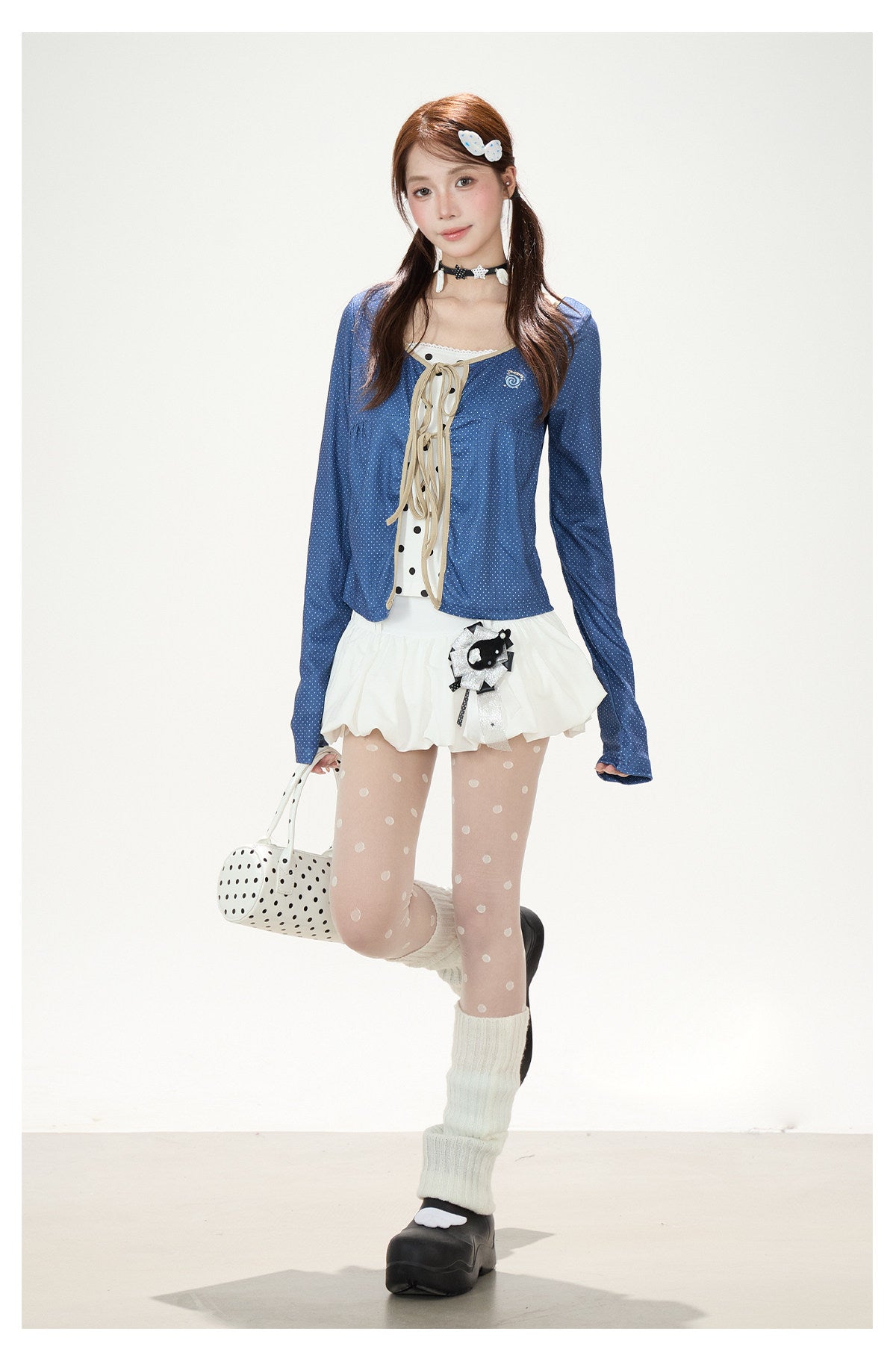 Polka-Dot Tie-Front Layered Long Sleeve Top & Pinstripe Button Wide-Leg Pants