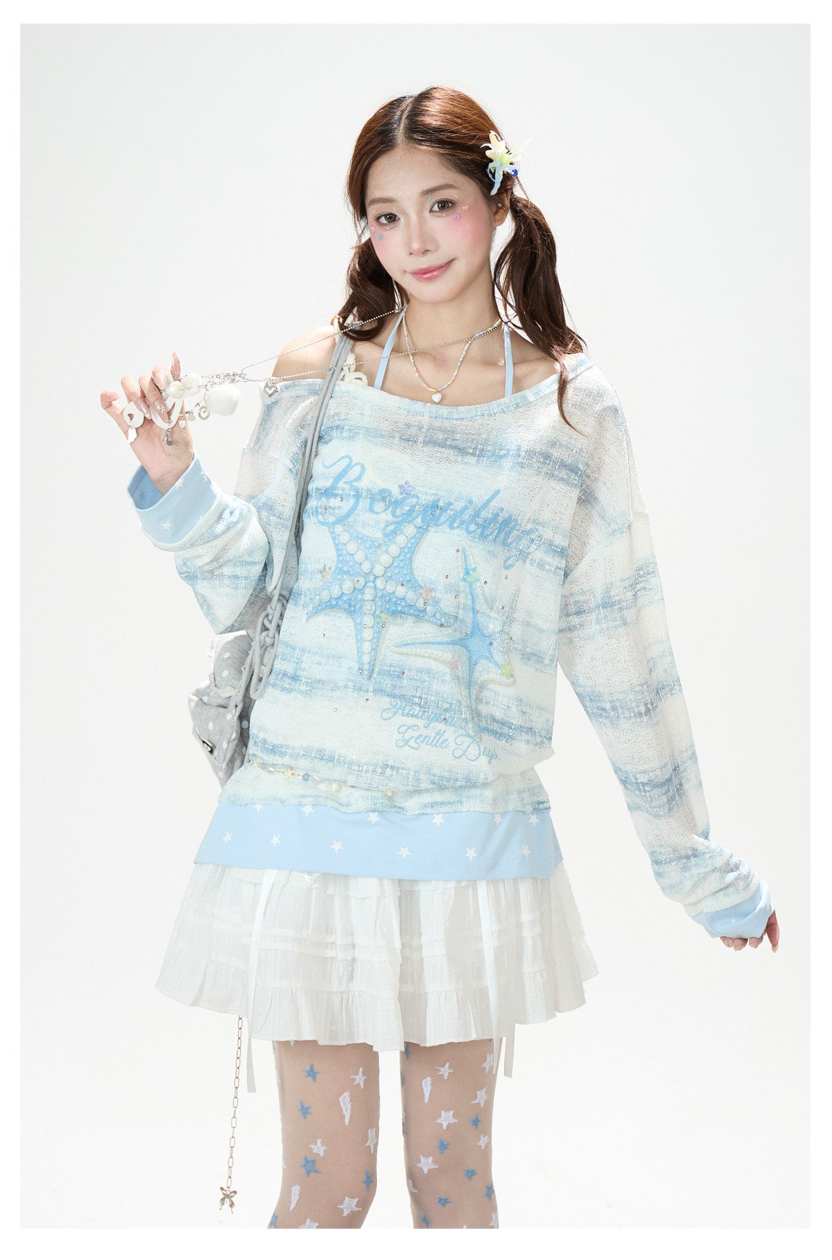 Summer Stripe Graphic Long Sleeve Top & Star Halter Cami