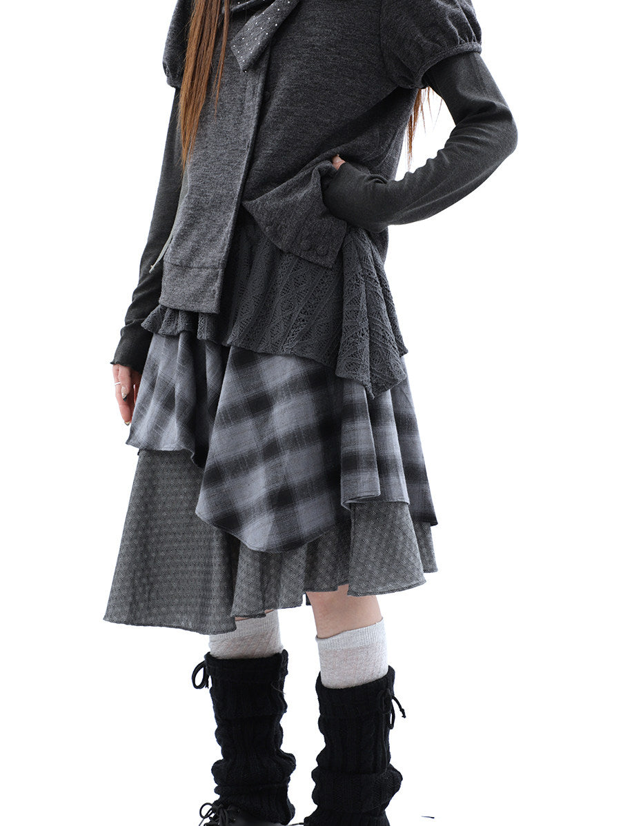 Asymmetric Plaid Layered Midi Skirt
