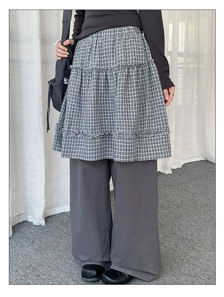 Plaid Layered Skirt Wide-Leg Pants