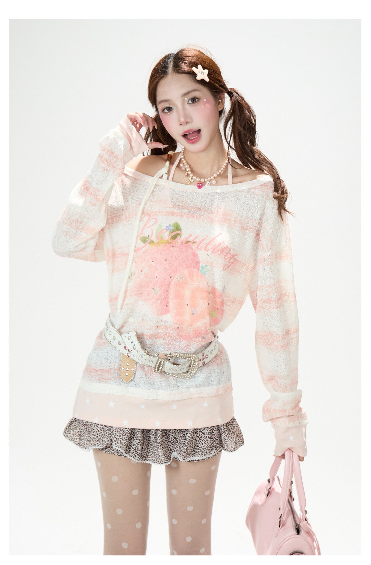 Summer Stripe Graphic Long Sleeve Top & Star Halter Cami
