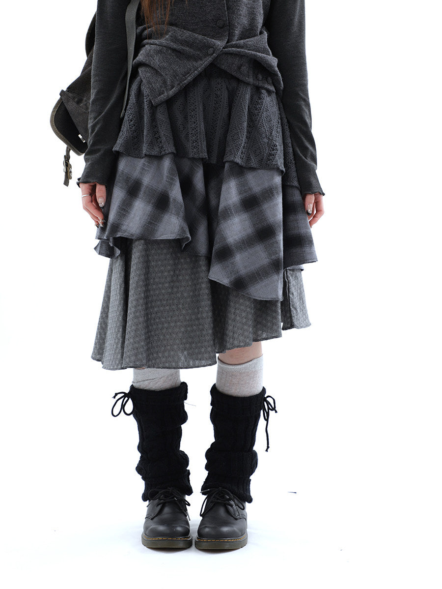 Asymmetric Plaid Layered Midi Skirt
