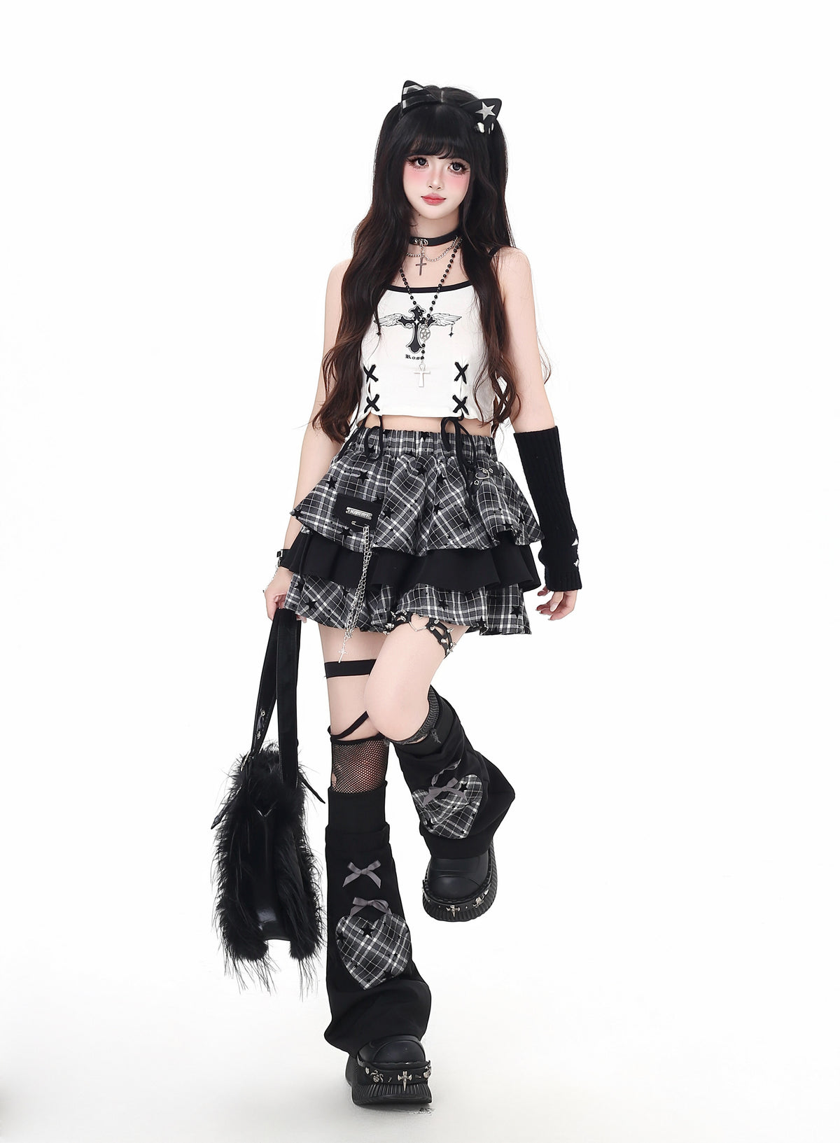 Distressed Plaid Tiered Skort with Matching Leg Warmers
