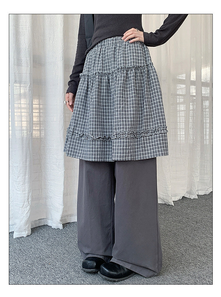 Plaid Layered Skirt Wide-Leg Pants