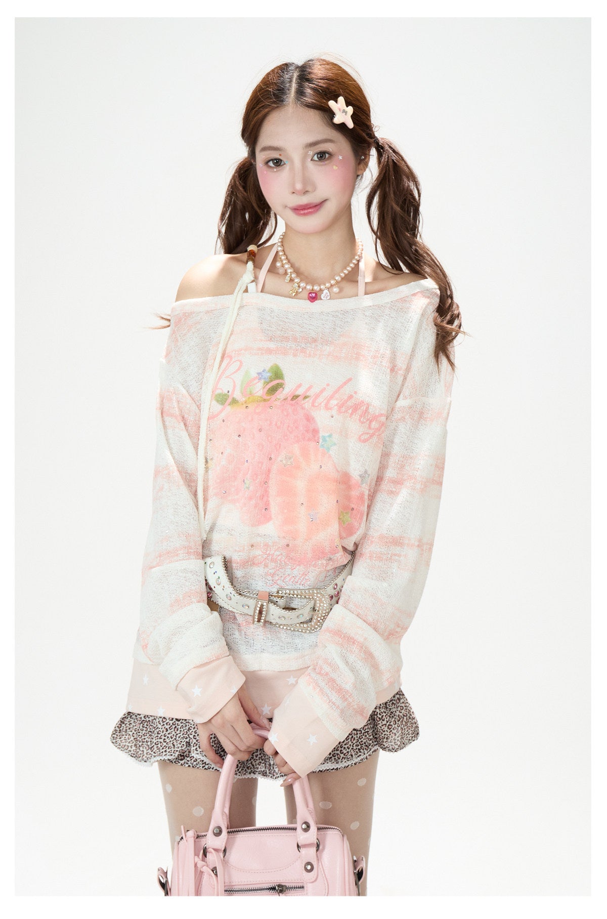Summer Stripe Graphic Long Sleeve Top & Star Halter Cami