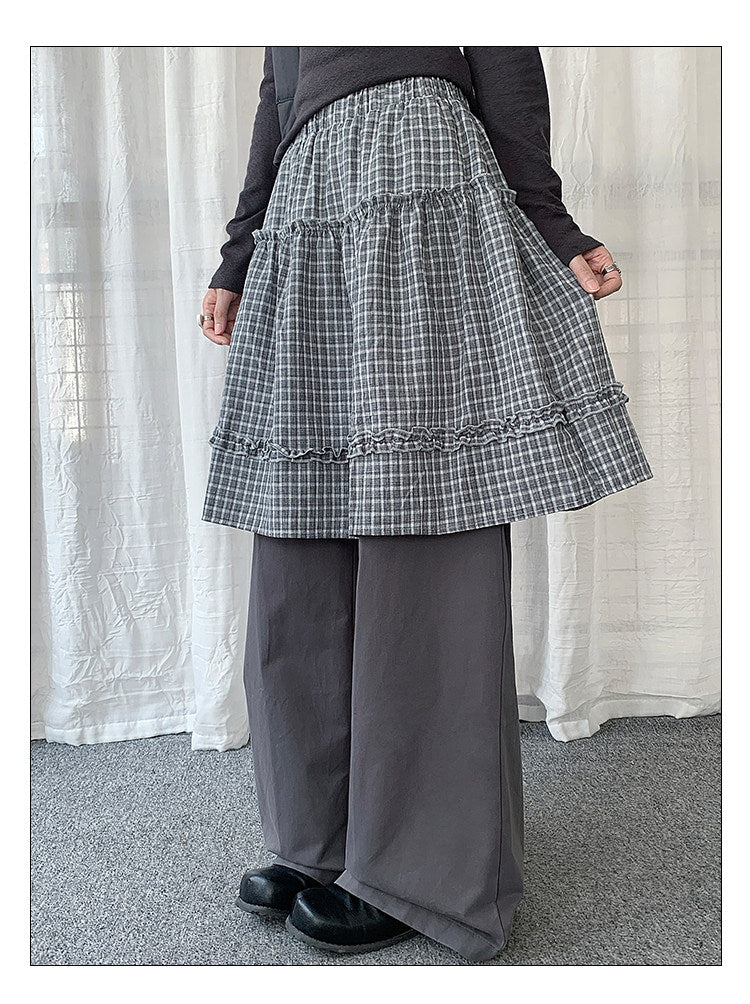 Plaid Layered Skirt Wide-Leg Pants