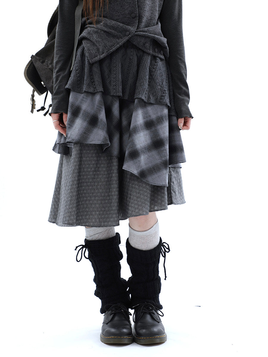 Asymmetric Plaid Layered Midi Skirt