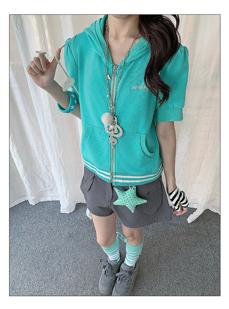 Embroidered Stripe-Trim Short Sleeve Zip Hoodie