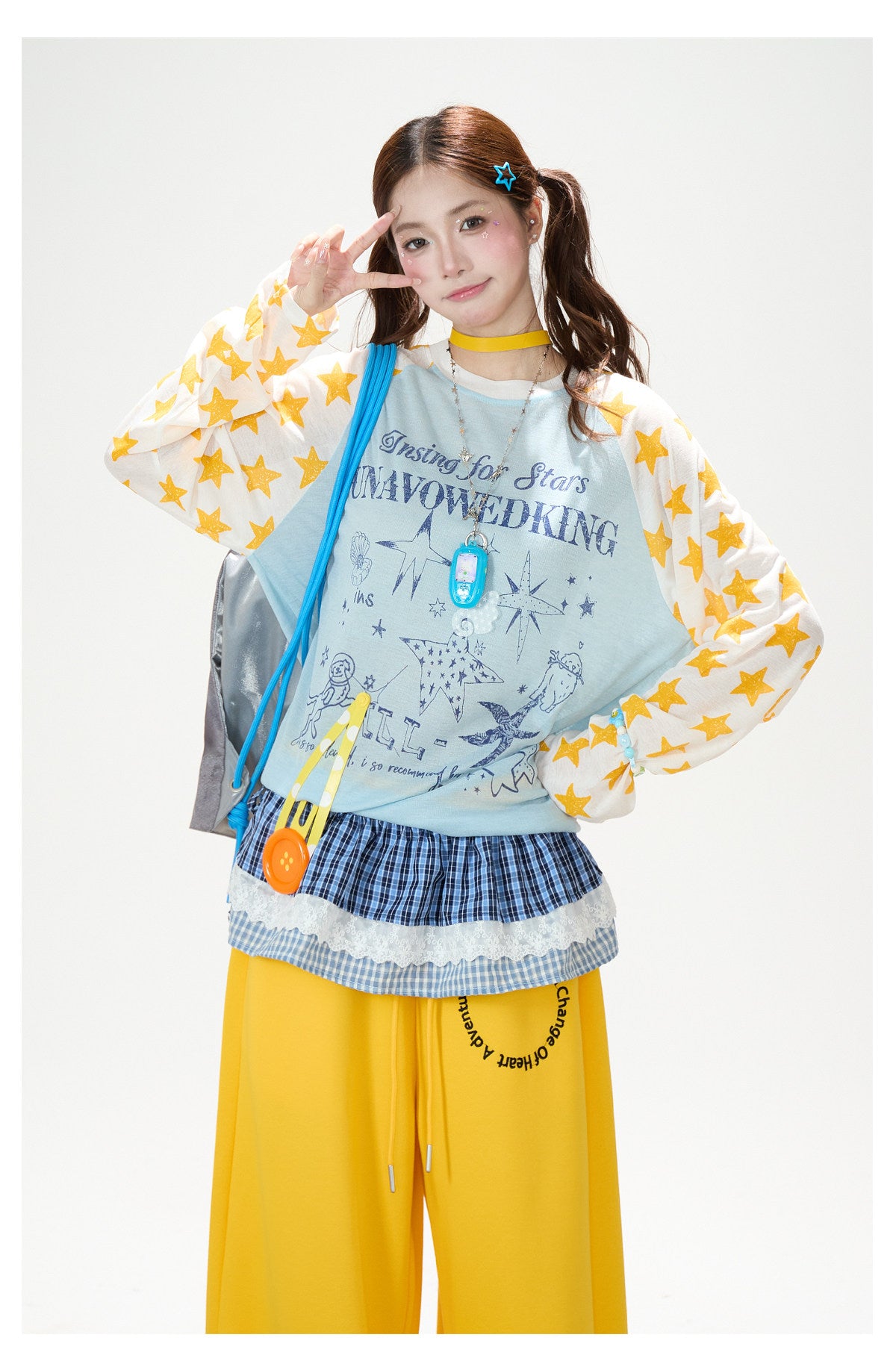 Cartoon Star Raglan Long Sleeve Top & Wide-Leg Drawstring Pants