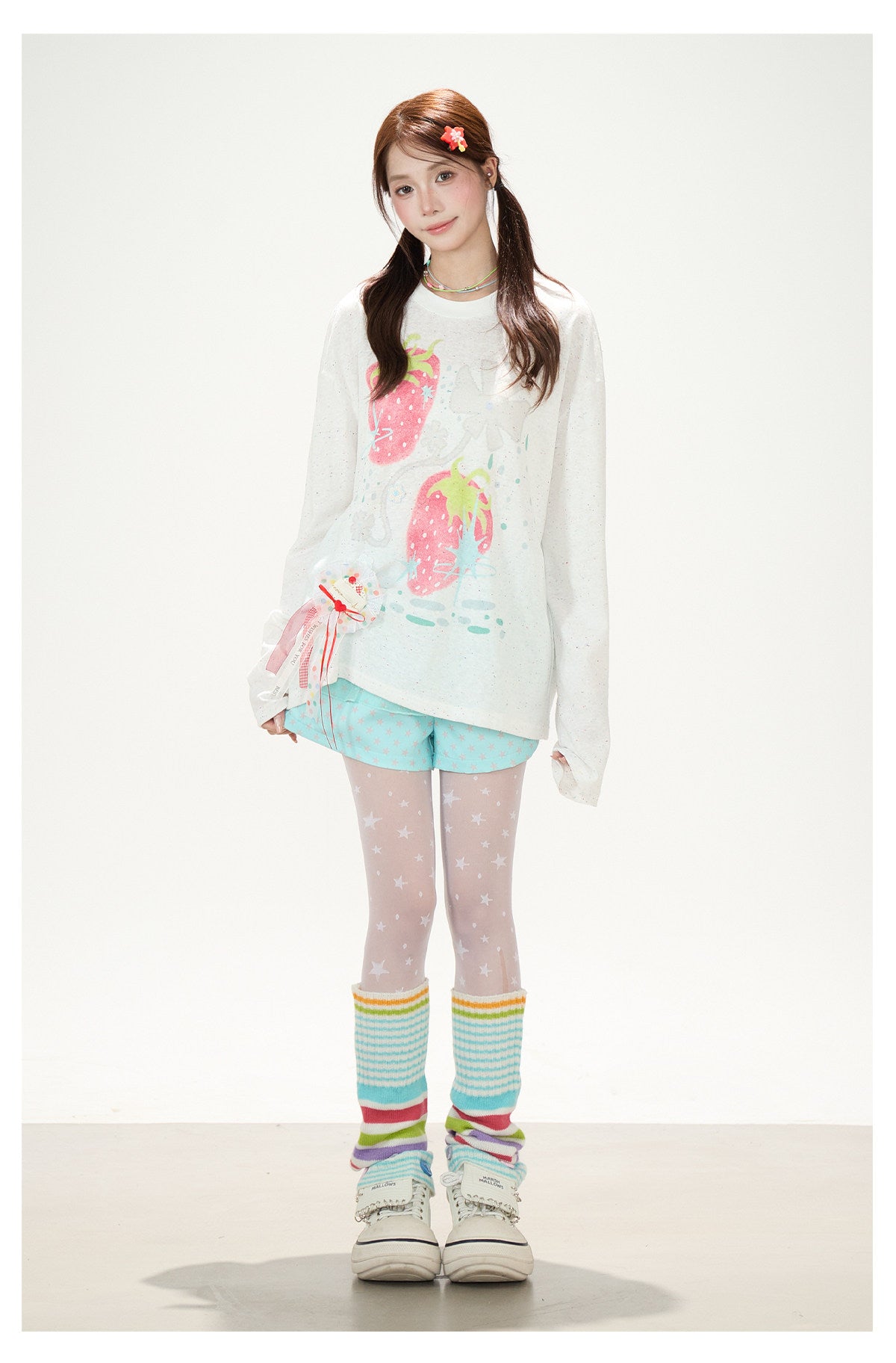 Strawberry Doodle Long Sleeve Tee & Aqua Polka-Dot Shorts