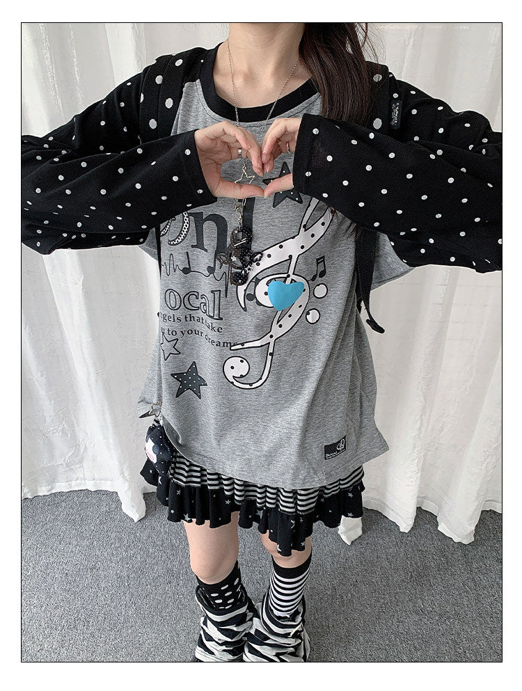 Music Note Polka Dot Layered Raglan Long Sleeve Top