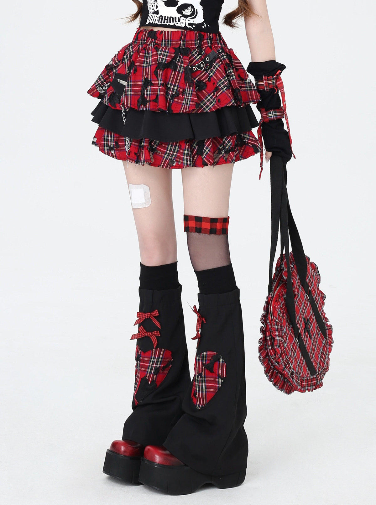 Distressed Plaid Tiered Skort with Matching Leg Warmers
