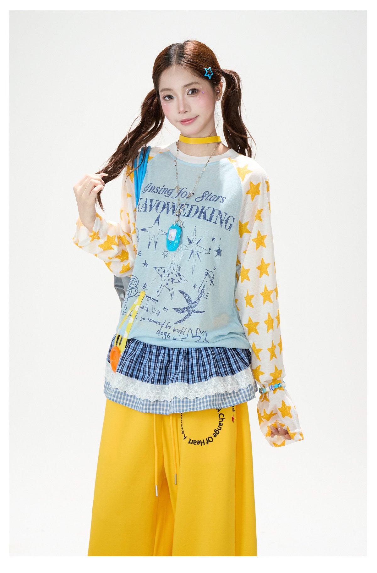 Cartoon Star Raglan Long Sleeve Top & Wide-Leg Drawstring Pants