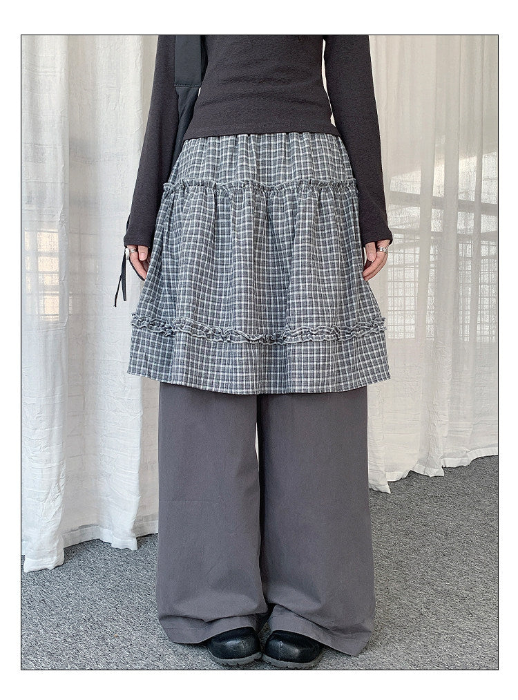 Plaid Layered Skirt Wide-Leg Pants