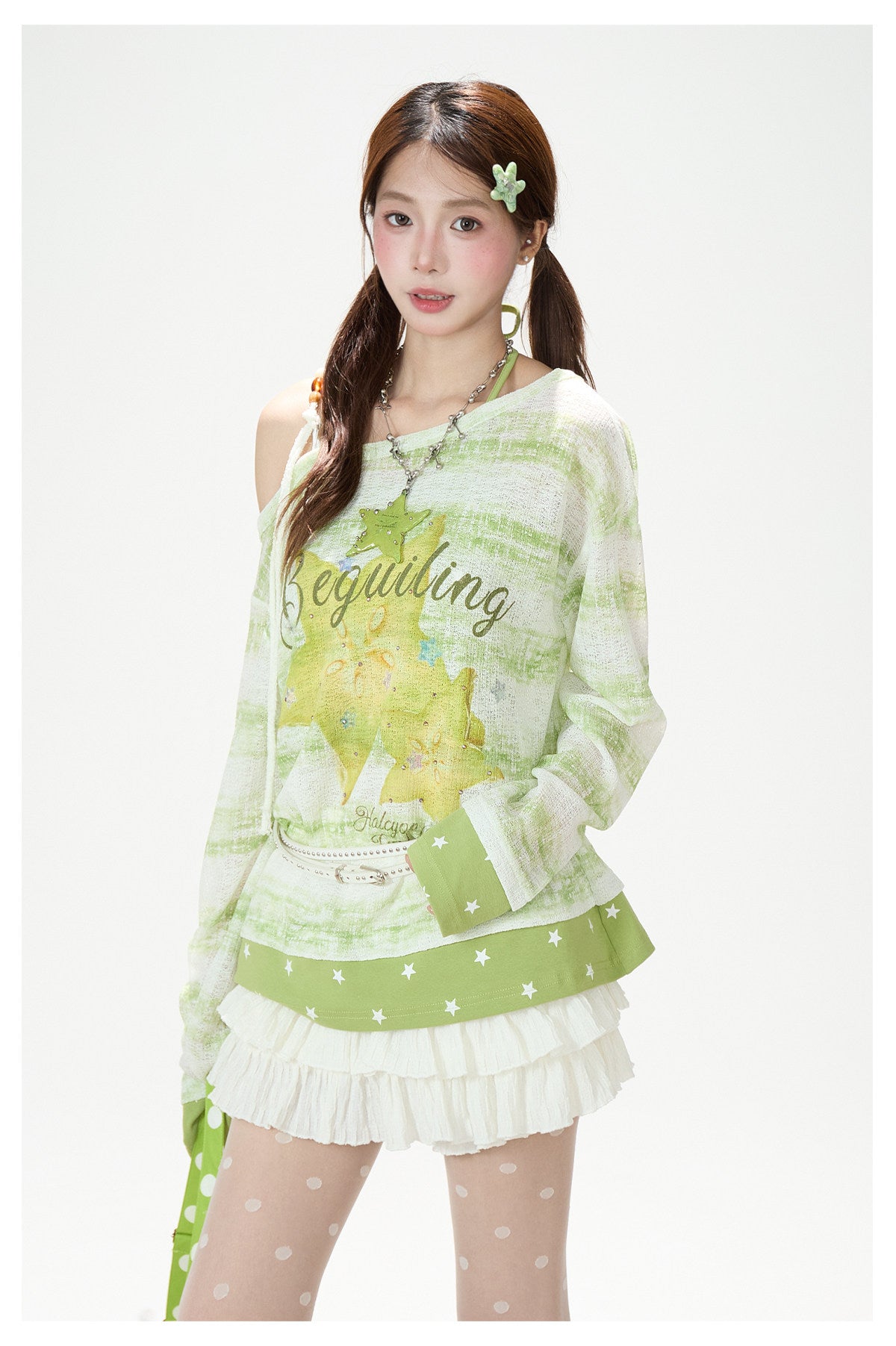 Summer Stripe Graphic Long Sleeve Top & Star Halter Cami