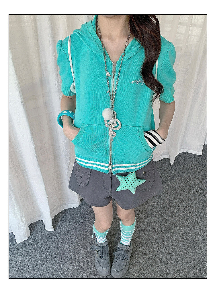 Embroidered Stripe-Trim Short Sleeve Zip Hoodie