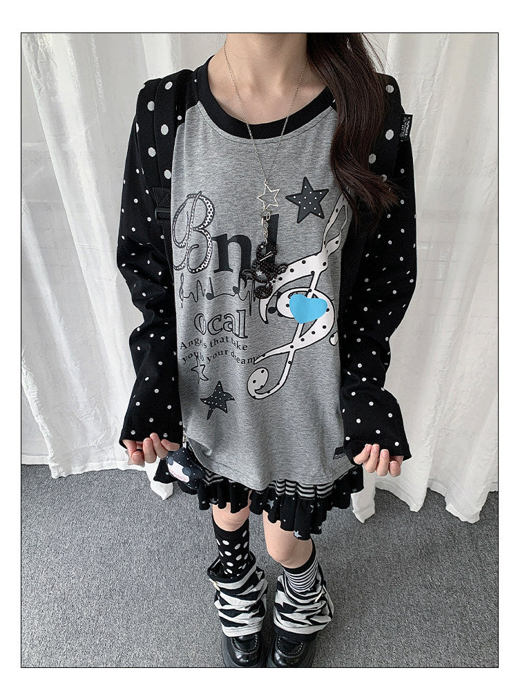 Music Note Polka Dot Layered Raglan Long Sleeve Top