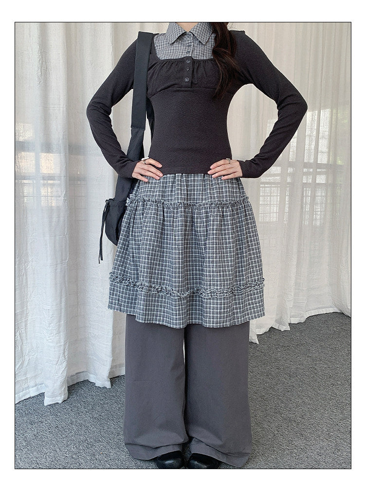 Plaid Layered Skirt Wide-Leg Pants