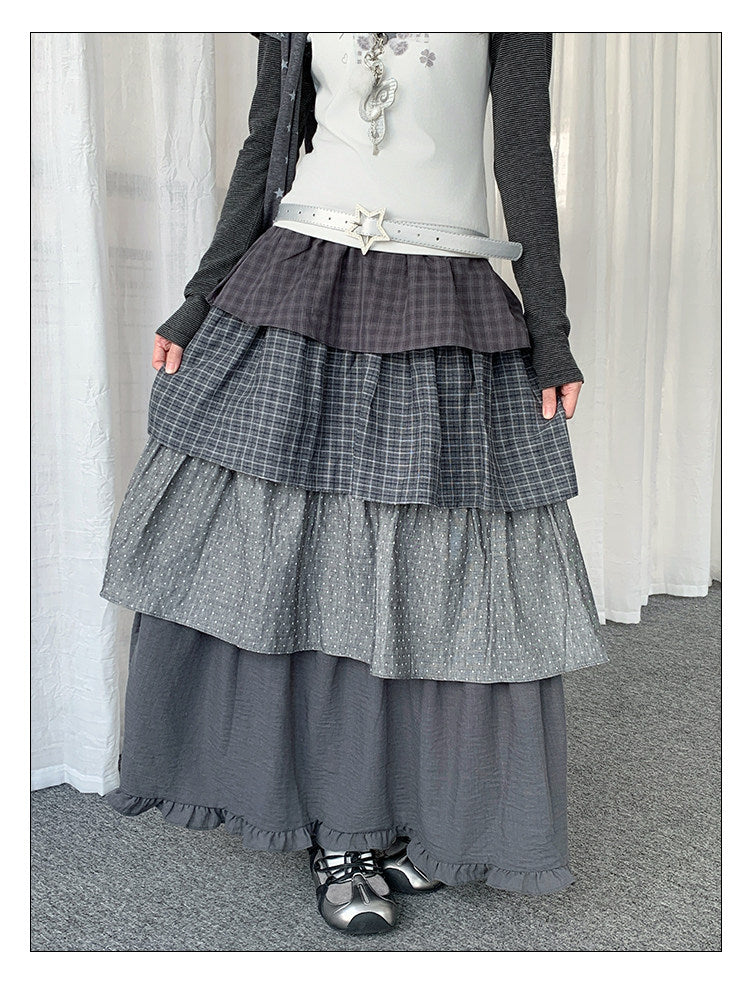 Layered Plaid Polka Dot Tiered Maxi Skirt