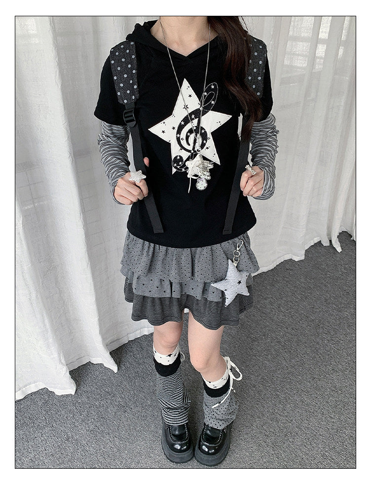 Star Music Note Layered Hooded Long Sleeve Top