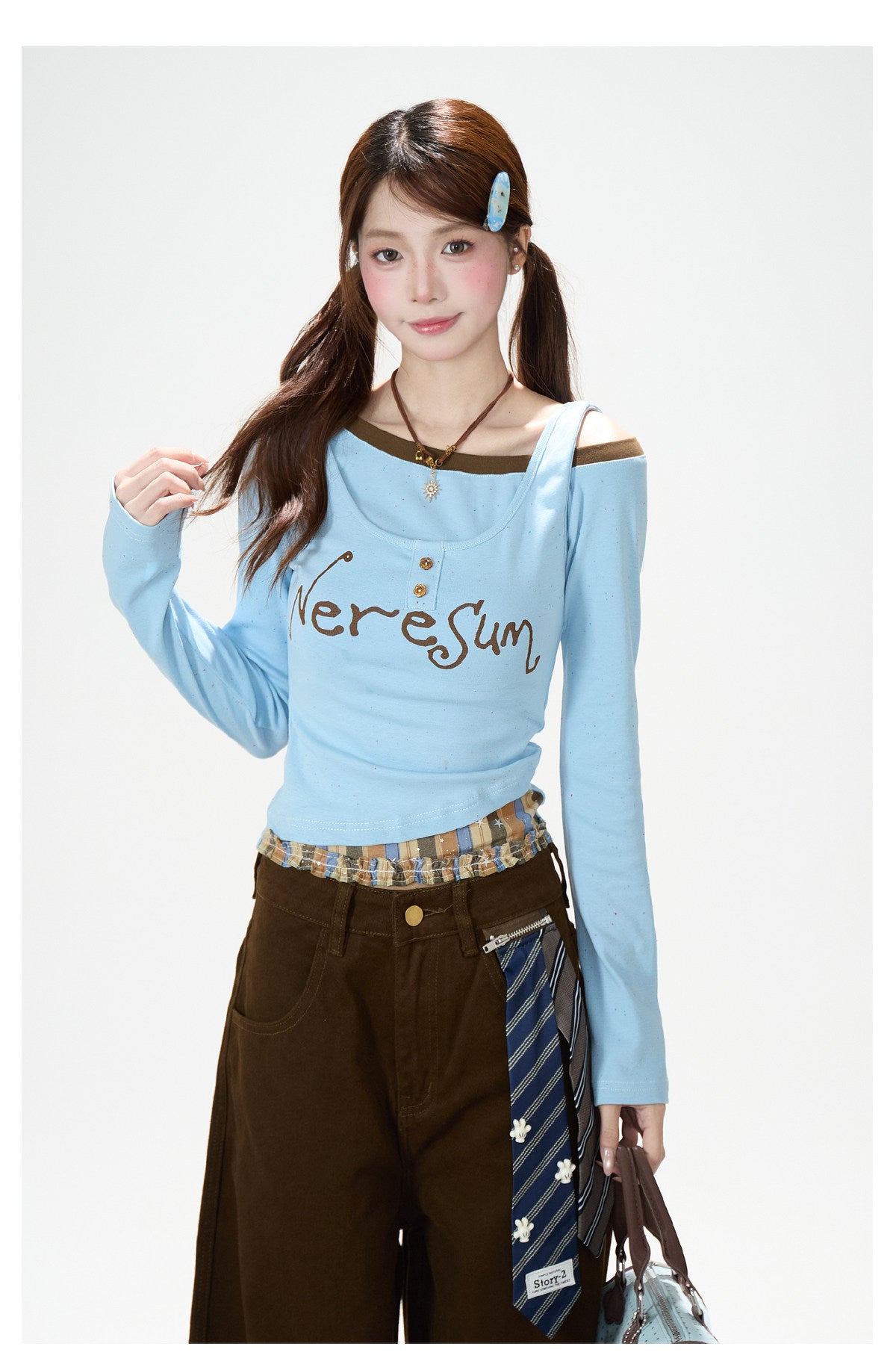 Letter Print Layered Long Sleeve Top & Star Patch Wide-Leg Jeans