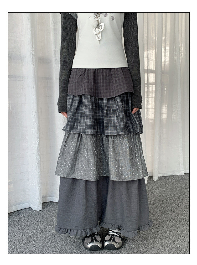 Layered Plaid Polka Dot Tiered Maxi Skirt