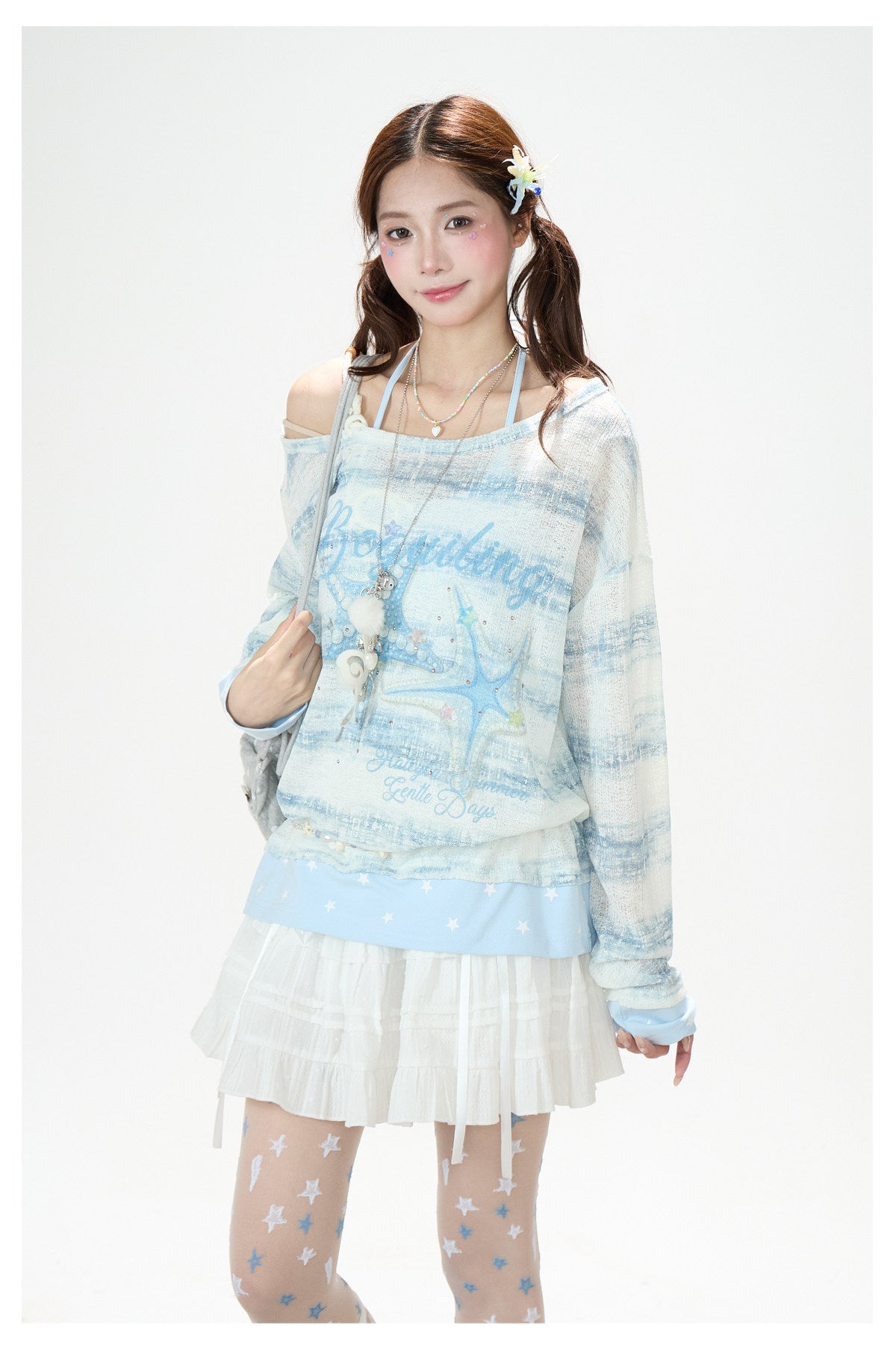 Summer Stripe Graphic Long Sleeve Top & Star Halter Cami