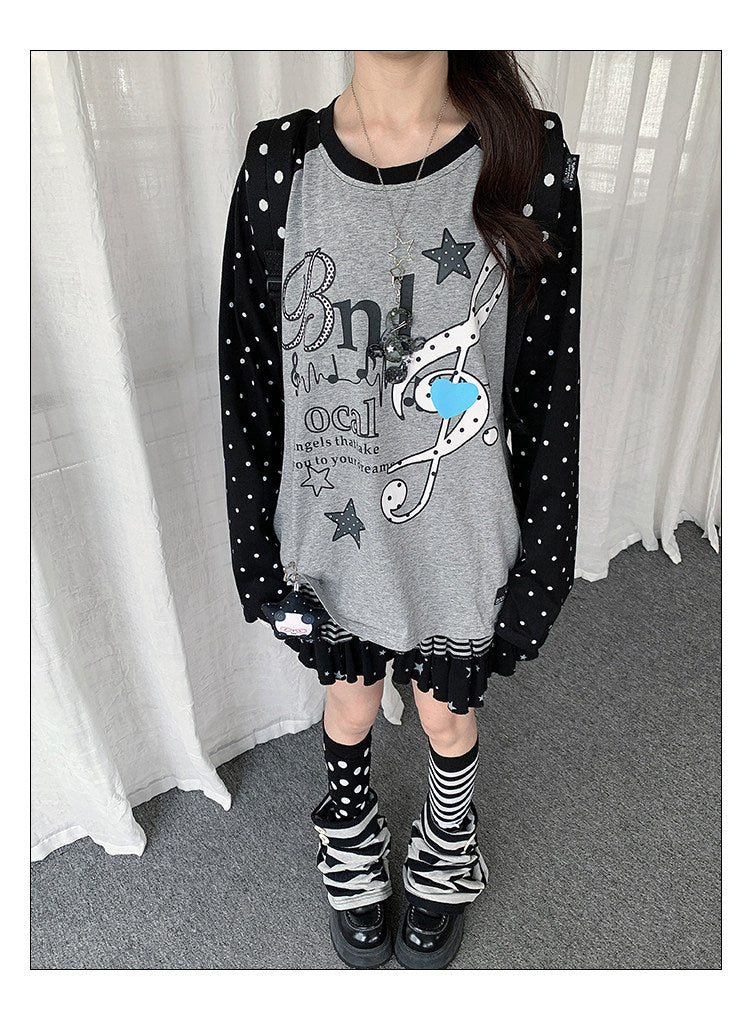 Music Note Polka Dot Layered Raglan Long Sleeve Top