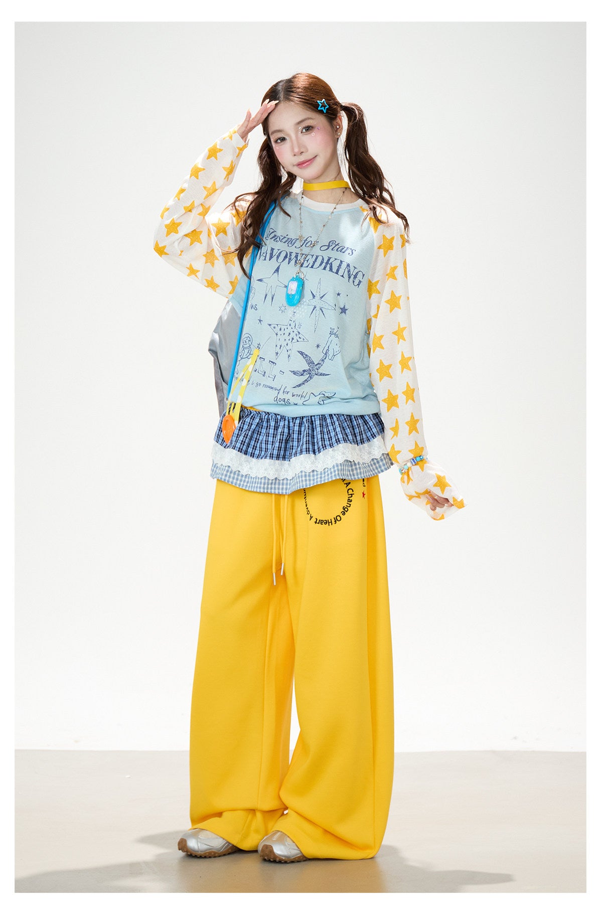 Cartoon Star Raglan Long Sleeve Top & Wide-Leg Drawstring Pants