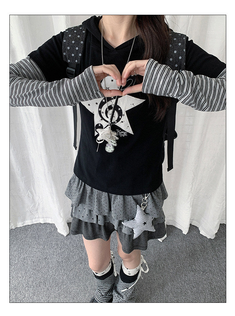Star Music Note Layered Hooded Long Sleeve Top
