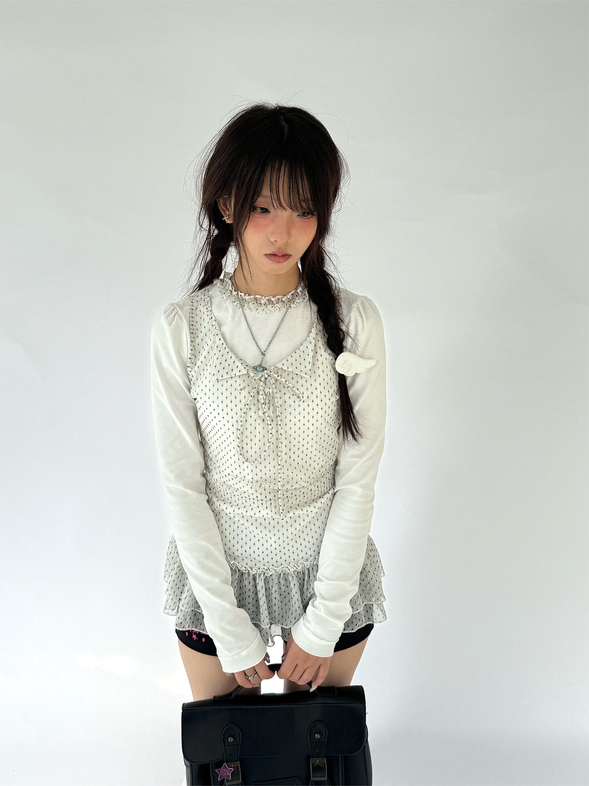 Polka Dot Mesh Ruffle Faux-Layered Long Sleeve Top