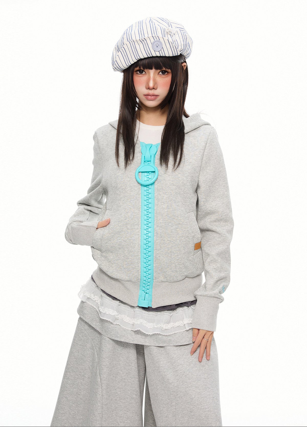 Oversized Contrast-Zip Hoodie