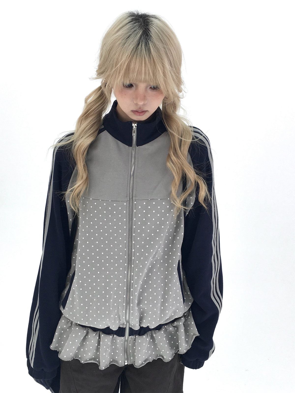 Gray Polka Dot Triple-Stripe Ruffle Zip Jacket