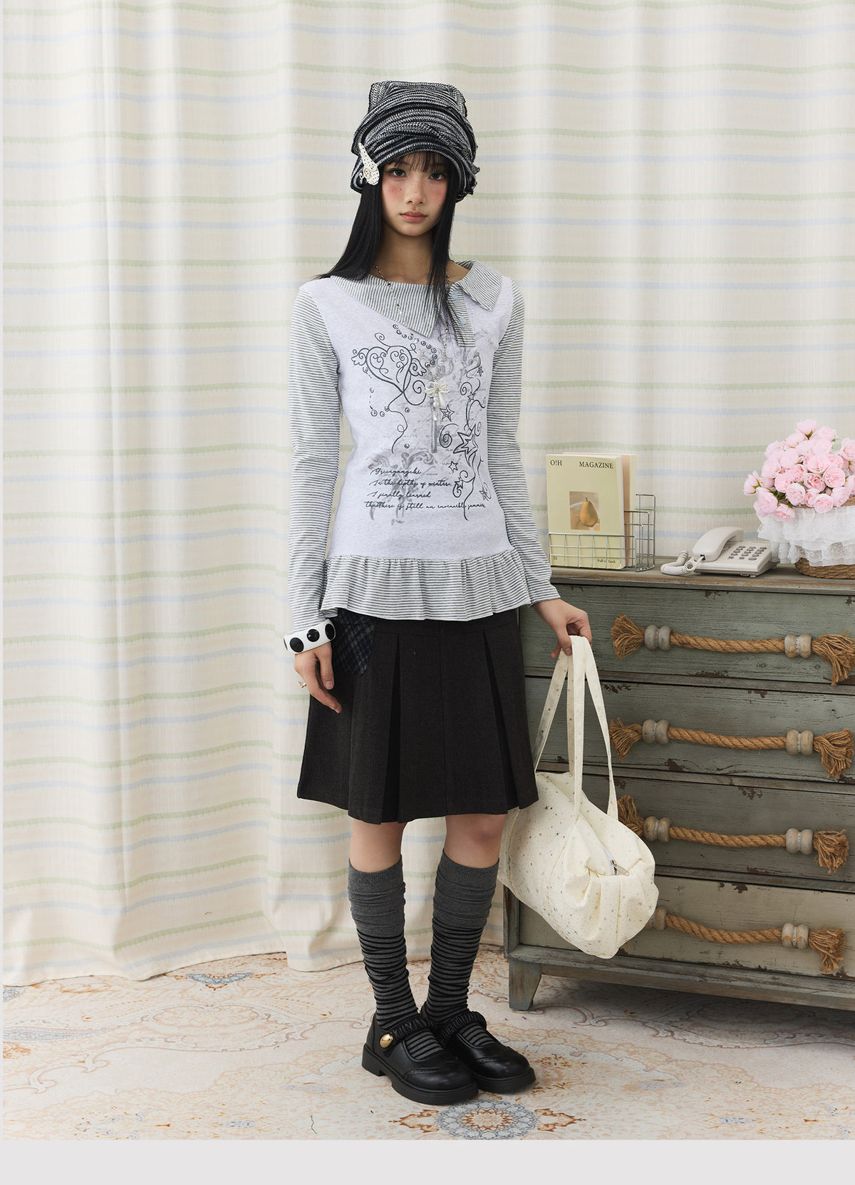 Graphic Stripe Faux-Layer Ruffle-Hem Long Sleeve Top