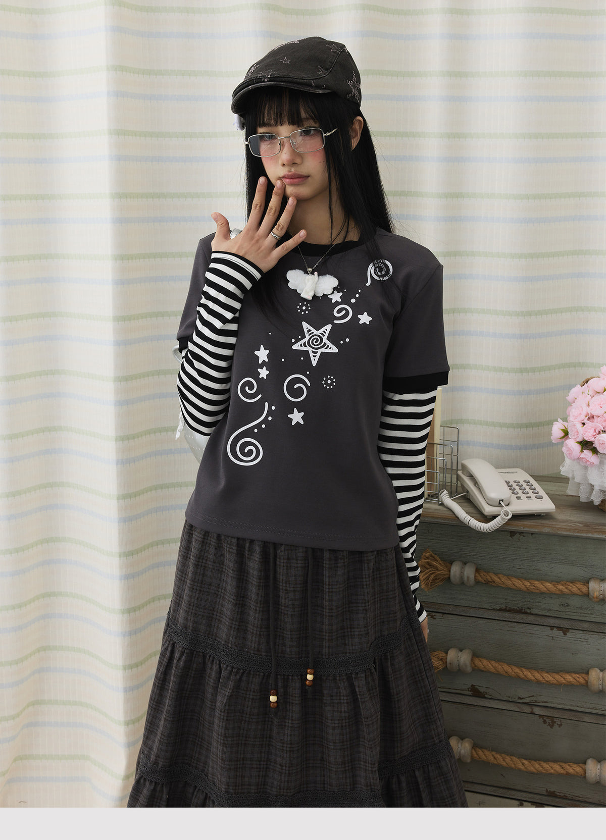 Star Swirl Striped Faux-Layer Long Sleeve Top